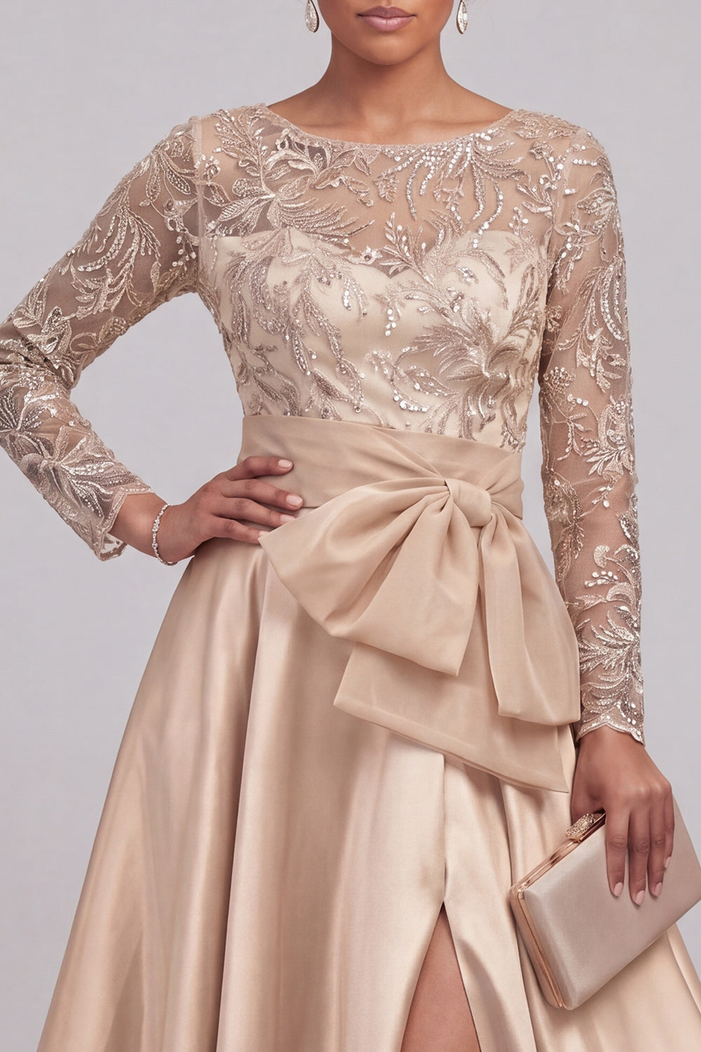 Floral Beaded Long A Line Sparkly Champagne Mother of the Bride Dress with Slit
