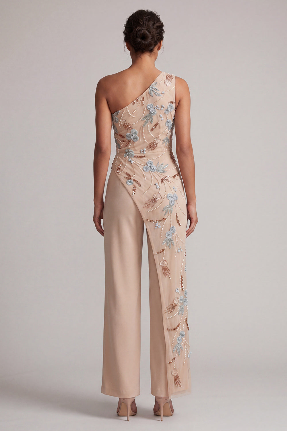 Champagne Beaded One Shoulder Mother of the Bride Jumpsuits