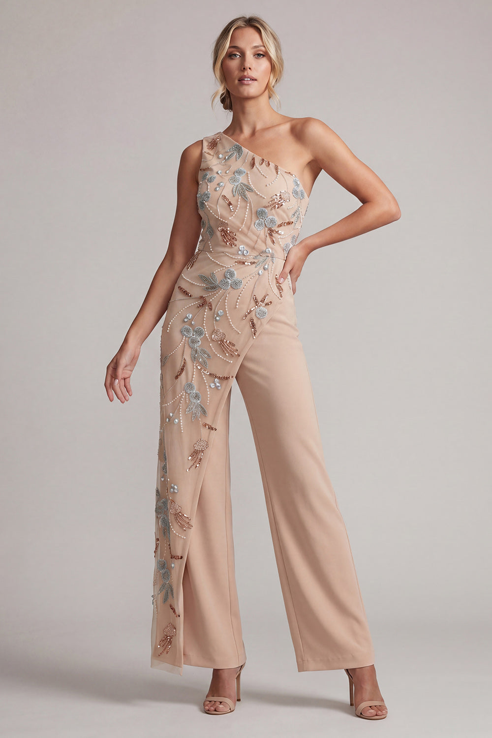 Champagne Beaded One Shoulder Mother of the Bride Jumpsuits