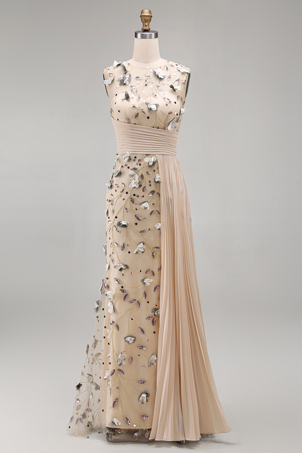 Long Floral Apricot Beaded Mermaid Mother of the Bride Dress with Pockets
