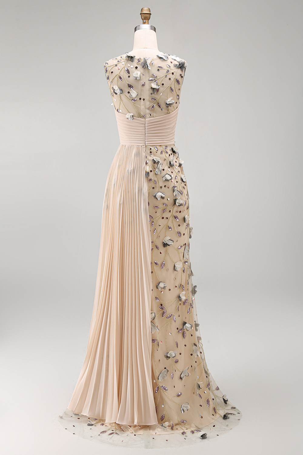 Long Floral Apricot Beaded Mermaid Mother of the Bride Dress with Pockets
