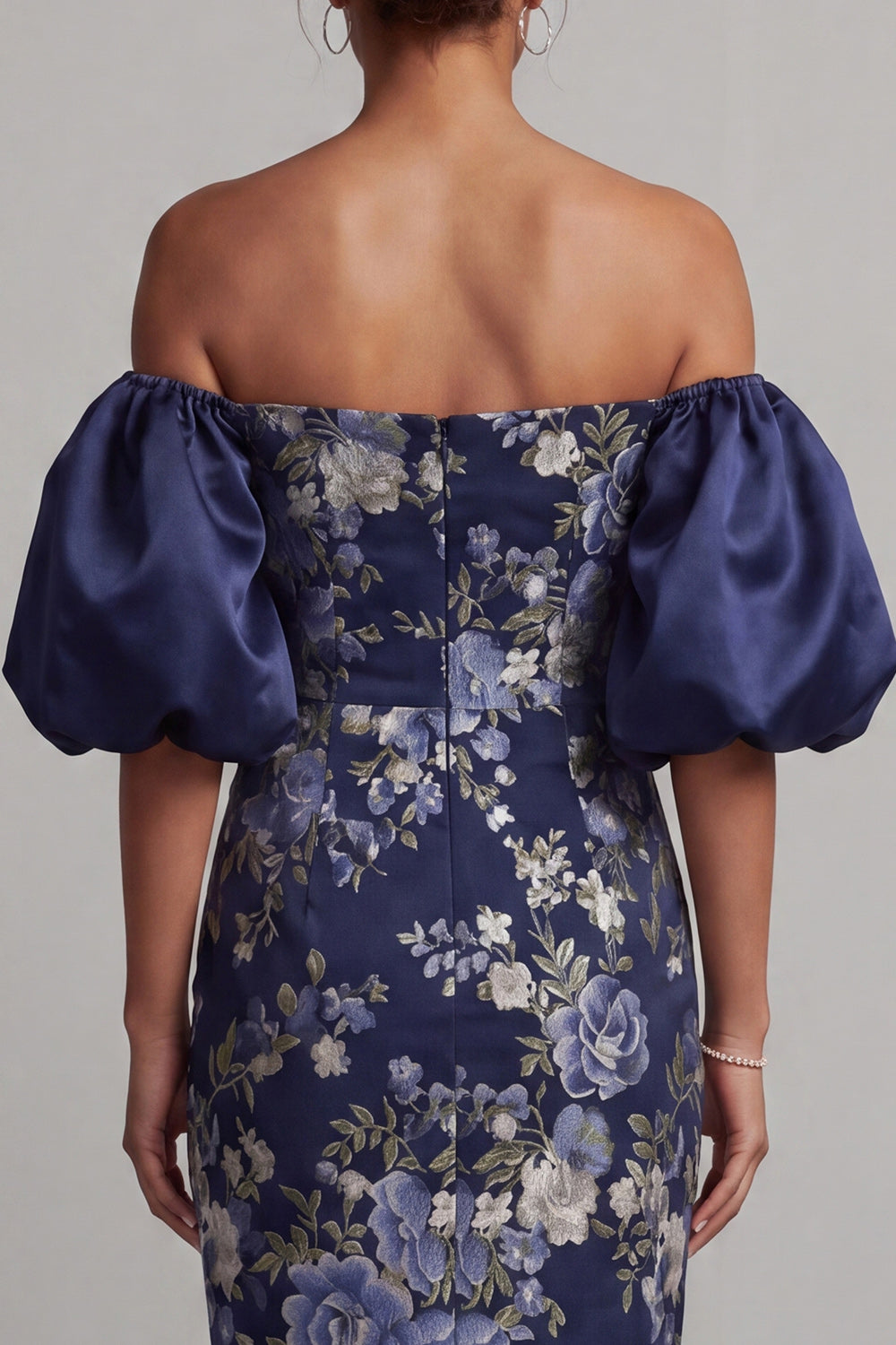 Long Puff Sleeves Sheath Floral Navy Mother of the Bride Dress