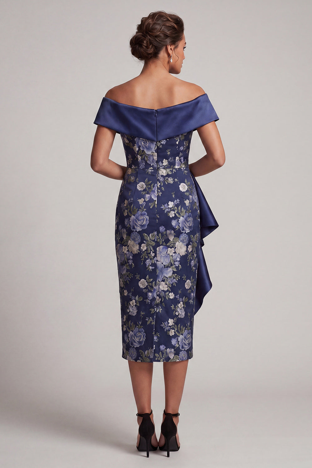 Sheath Off the Shoulder Ruffled Floral Navy Long Mother of the Bride Dress