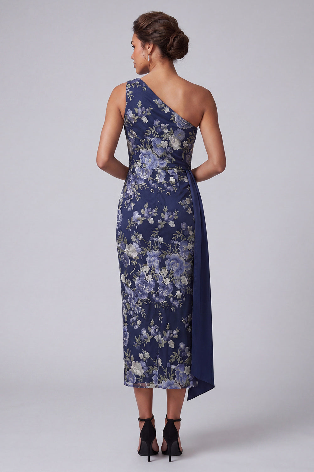 Floral Navy One Shoulder Sheath Long Mother of the Bride Dress with Sash