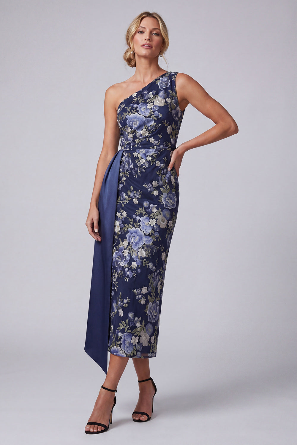 Floral Navy One Shoulder Sheath Long Mother of the Bride Dress with Sash