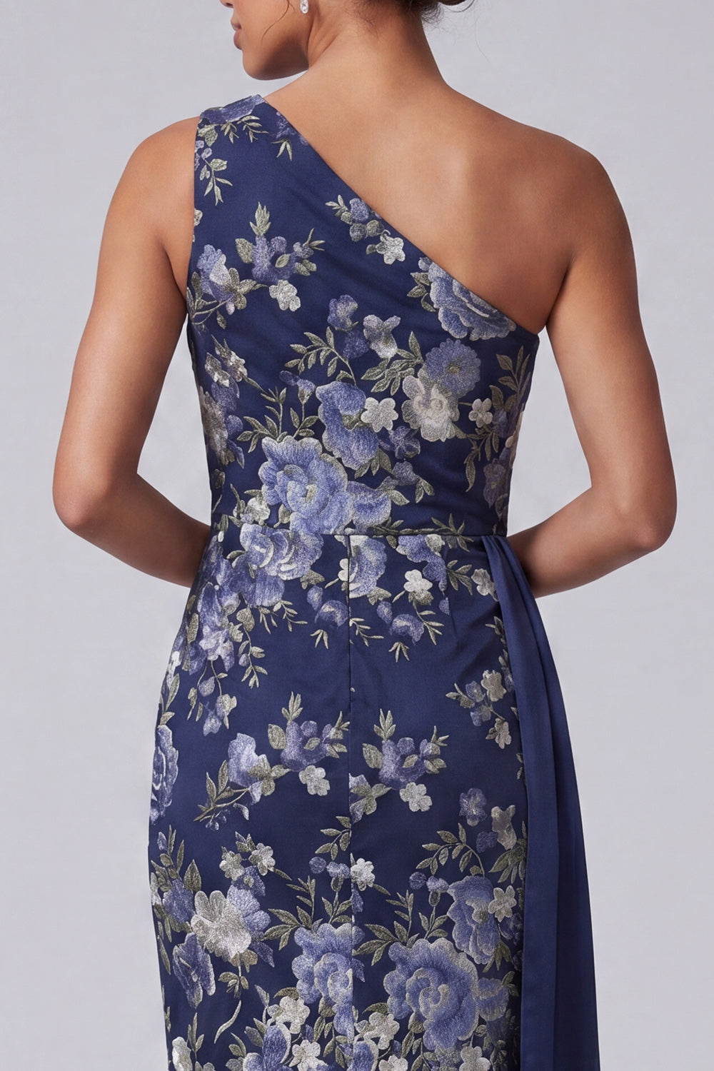 Floral Navy One Shoulder Sheath Long Mother of the Bride Dress with Sash