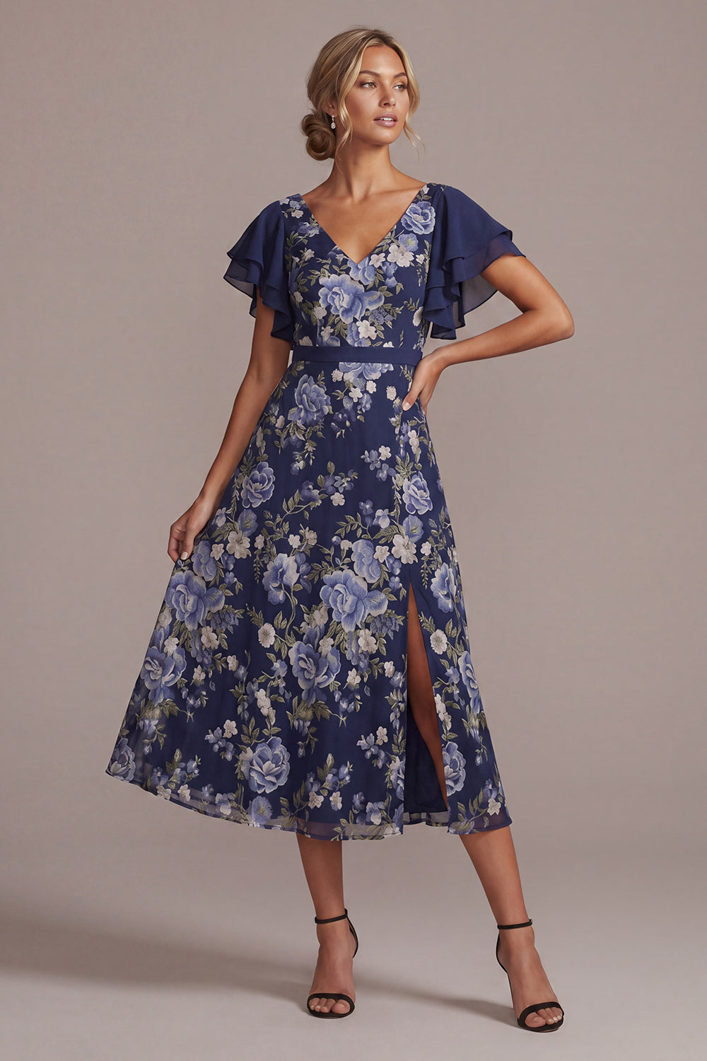 A Line V-Neck Floral Navy Long Mother of the Bride Dress with Slit