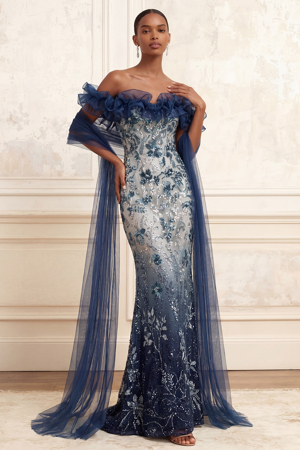 Mermaid Sparkly Navy Floral Long Off the Shoulder Beaded Formal Dress with Ruffles