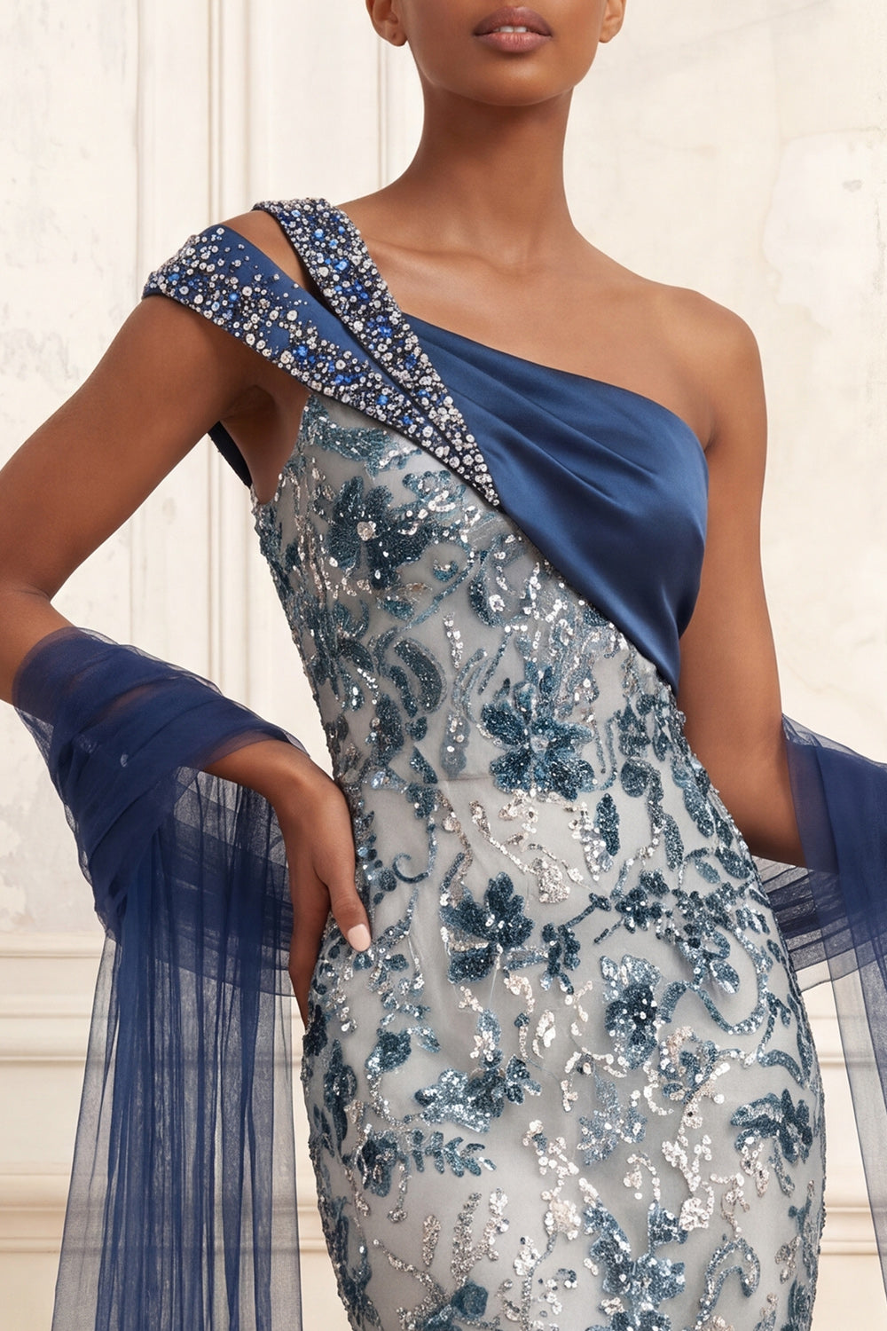 One Shoulder Ruched Mermaid Sparkly Navy Floral Long Beaded Formal Dress