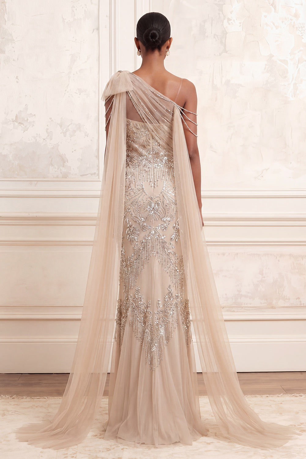 Sparkly Apricot Mermaid One Shoulder Long Beaded Prom Dress with Cape