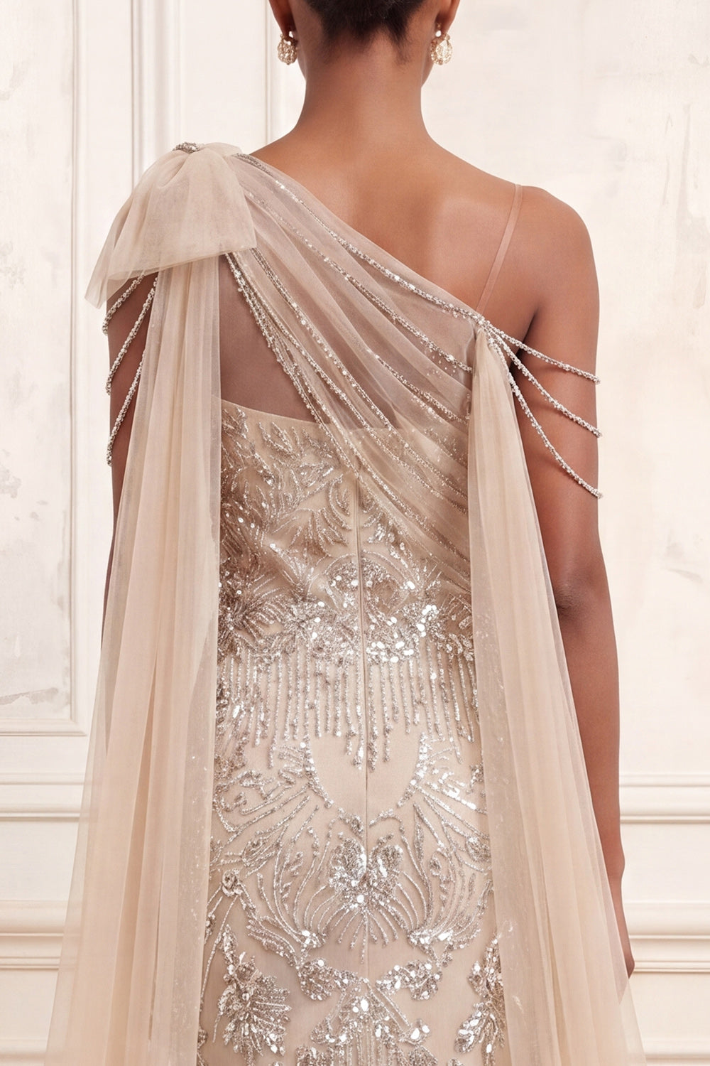 Sparkly Apricot Mermaid One Shoulder Long Beaded Prom Dress with Cape