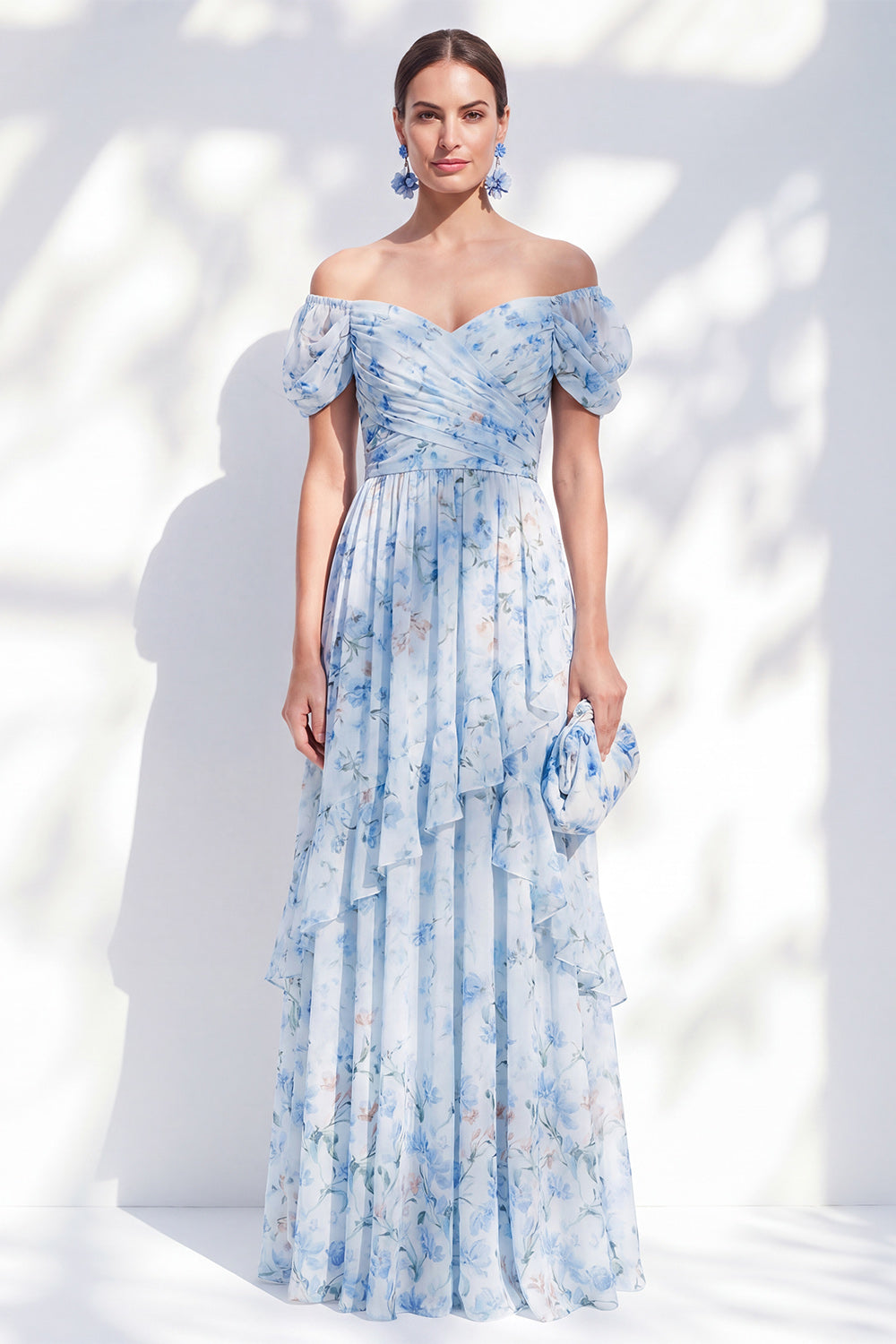 Blue Off The Shoulder Floral A Line Long Ruffled Mother of the Bride Dress with Sleeves