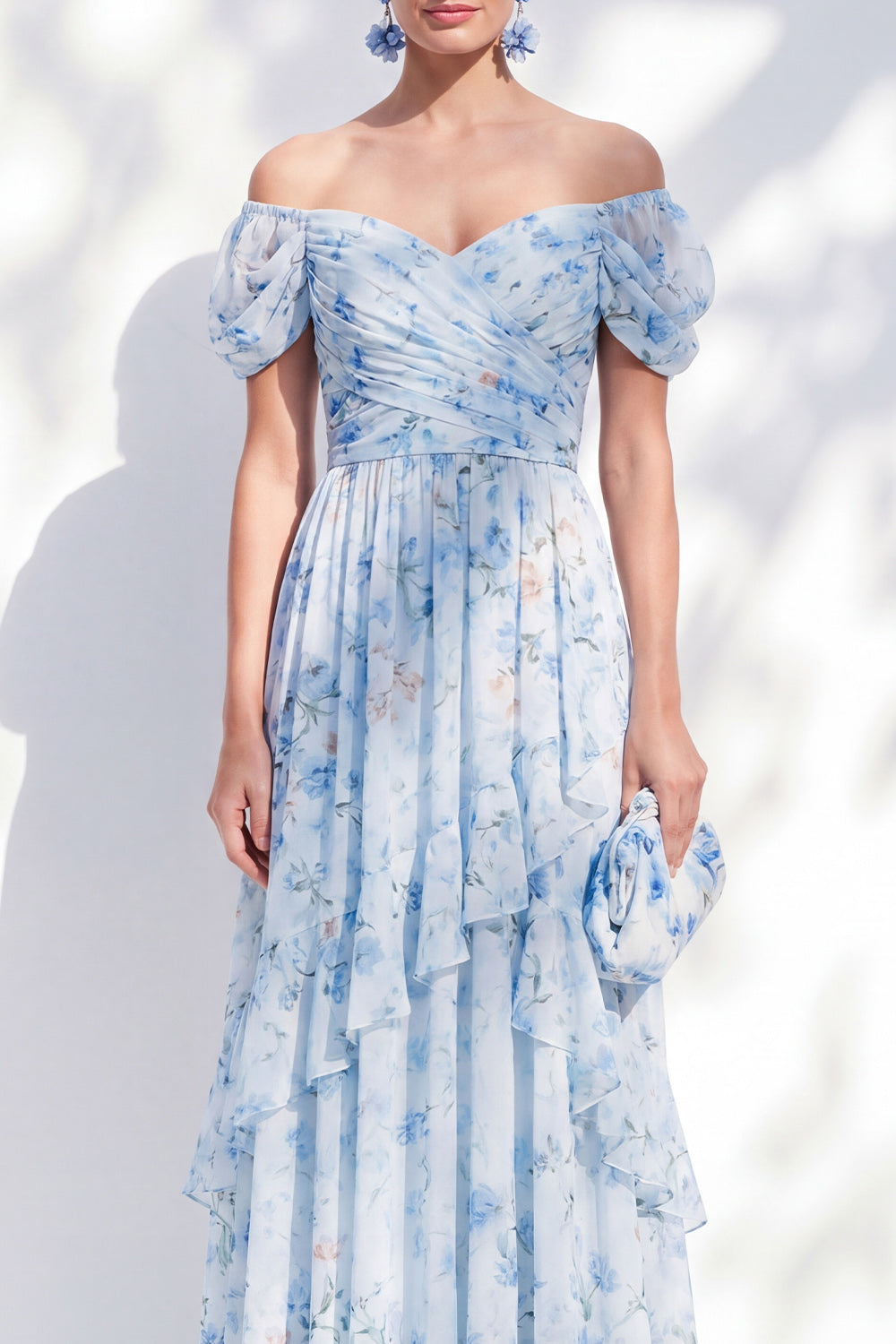 Blue Off The Shoulder Floral A Line Long Ruffled Mother of the Bride Dress with Sleeves