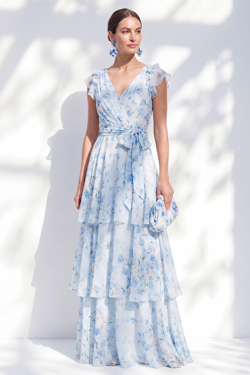Floral  Blue A Line Long V-Neck Mother of the Bride Dress with Sash