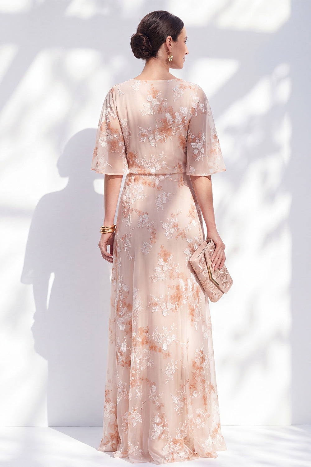 Champagne Sheath Bateau Neck Ruffled Long Floral Mother of the Bride Dress