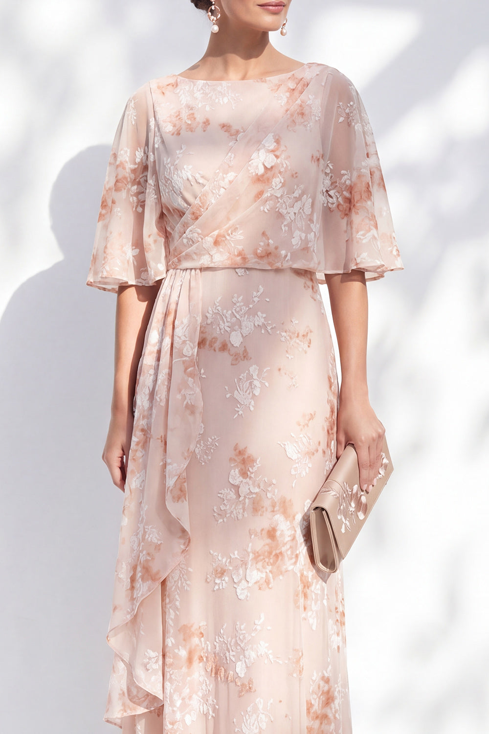 Champagne Sheath Bateau Neck Ruffled Long Floral Mother of the Bride Dress