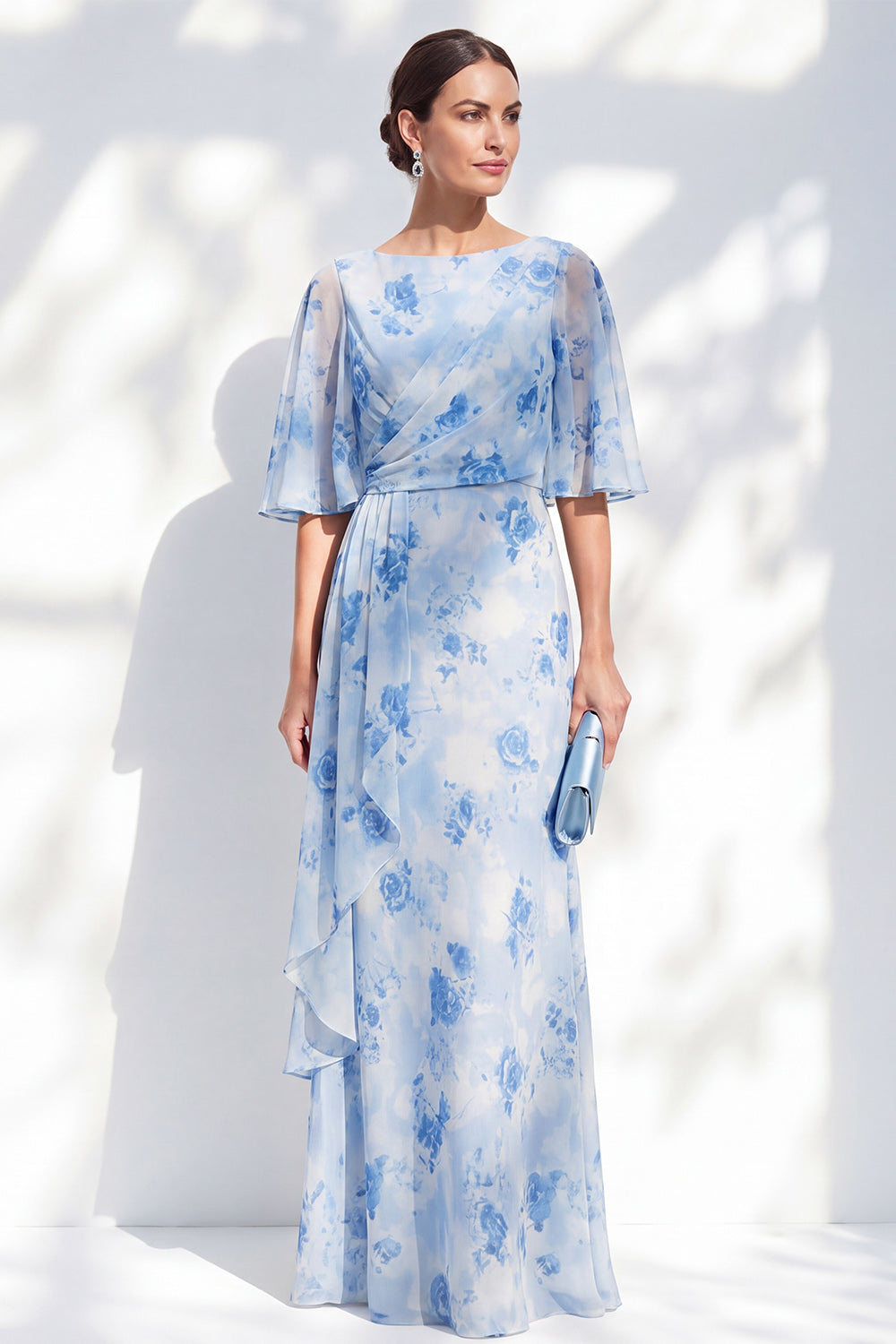 Light Blue Sheath Bateau Neck Floral Long Mother of the Bride Dress