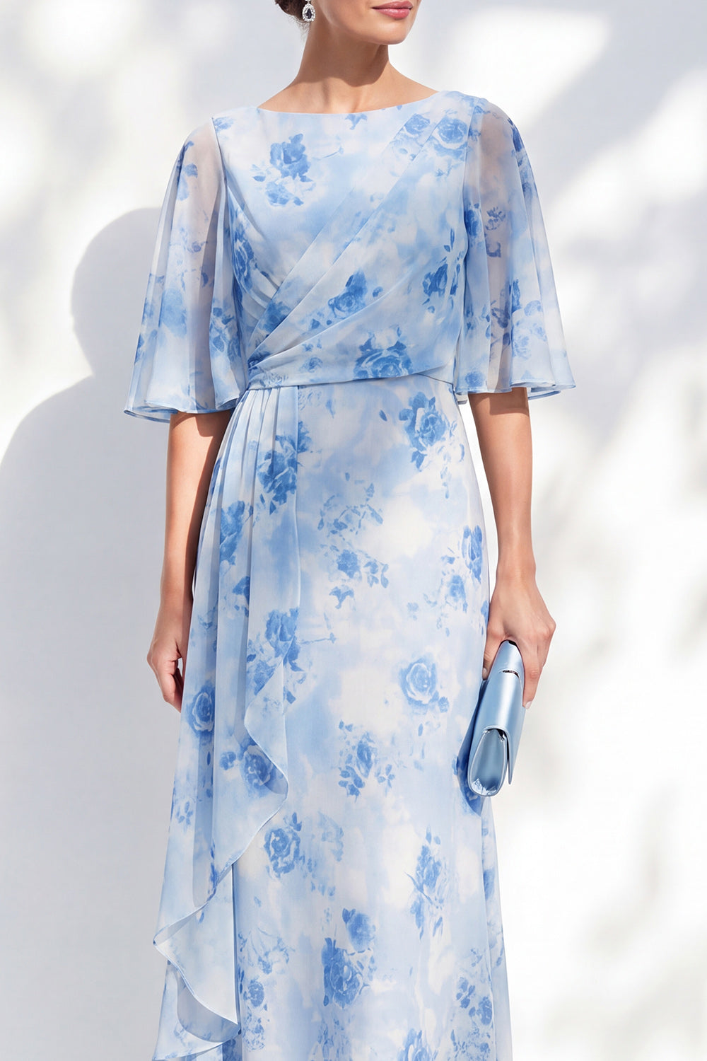 Light Blue Sheath Bateau Neck Floral Long Mother of the Bride Dress