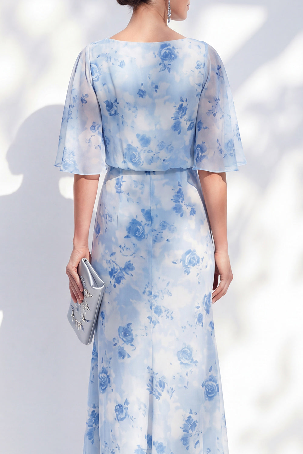 Light Blue Sheath Bateau Neck Floral Long Mother of the Bride Dress