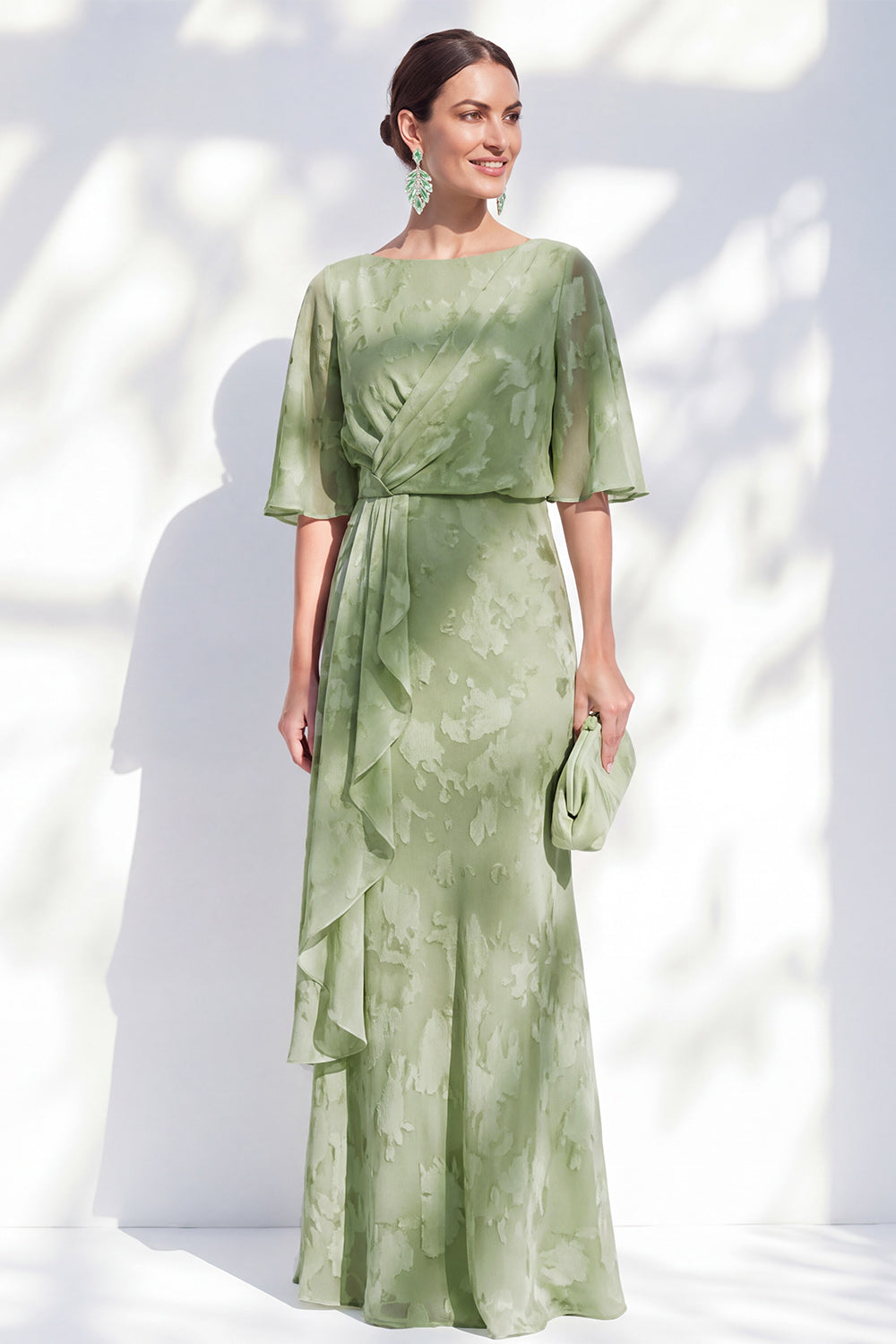 Sage Green Sheath Long Bateau Neck Floral Mother of the Bride Dress