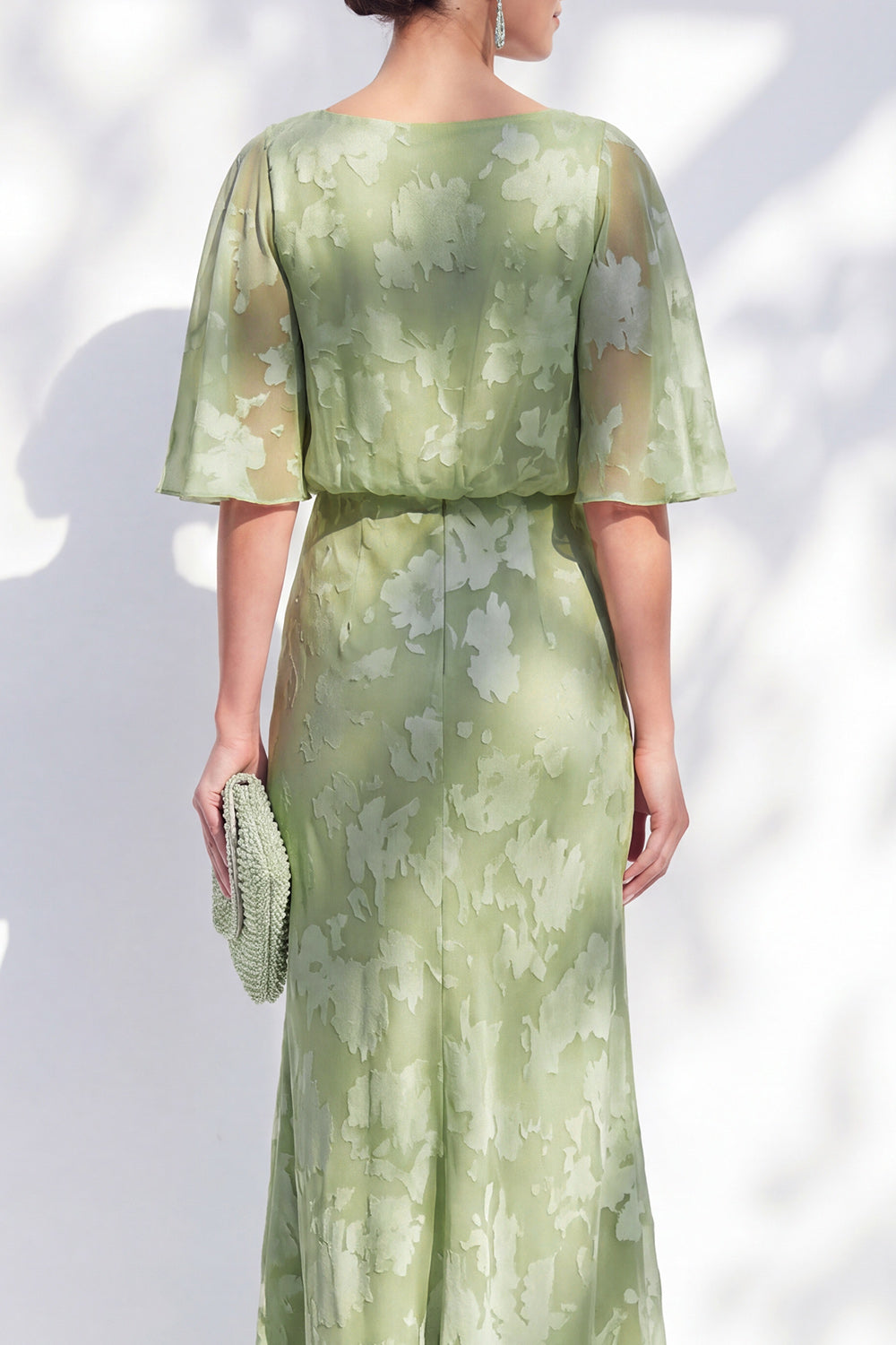 Sage Green Sheath Long Bateau Neck Floral Mother of the Bride Dress