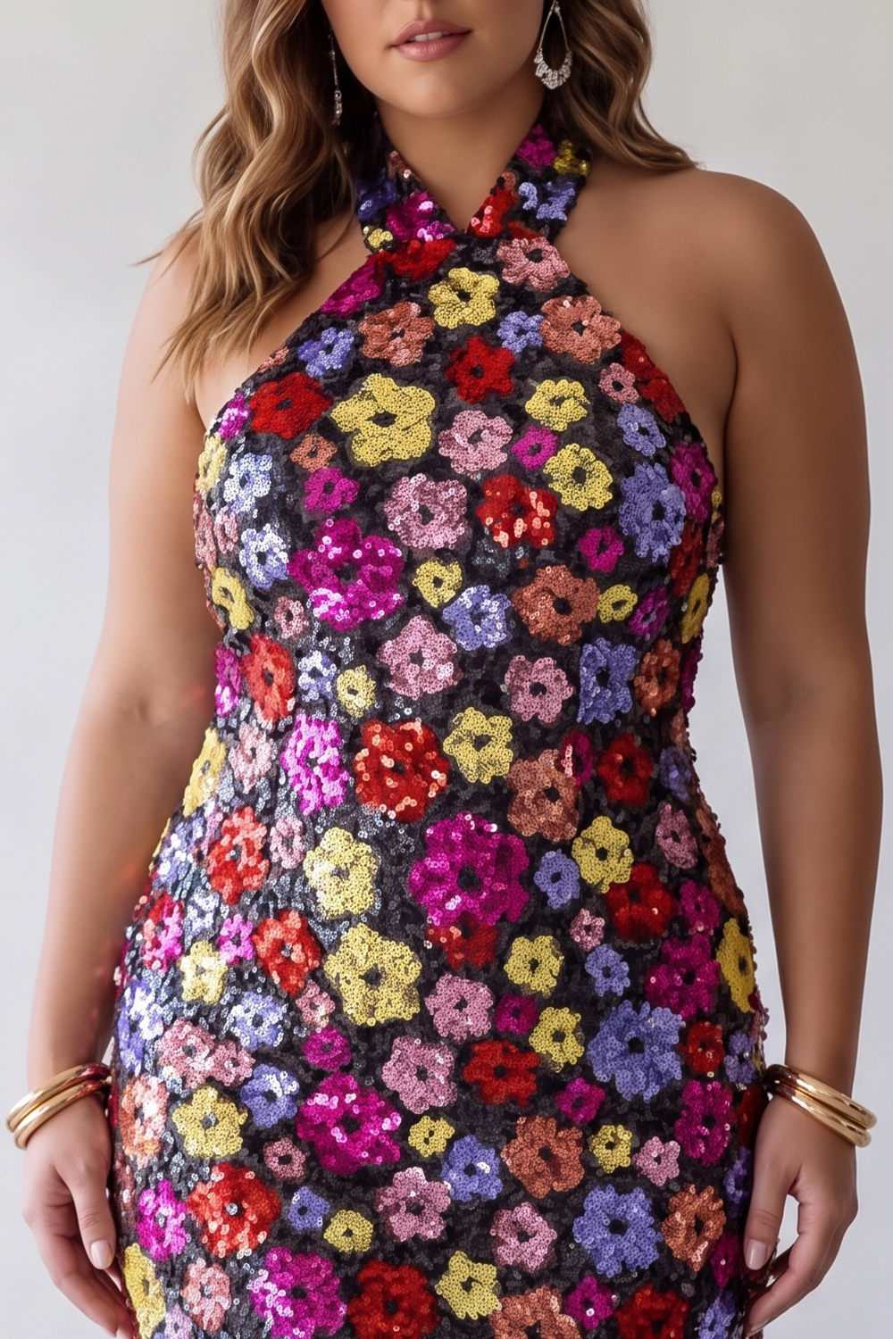 Floral Sparkly Black Tight Short Halter Sequin Backless Homecoming Dress