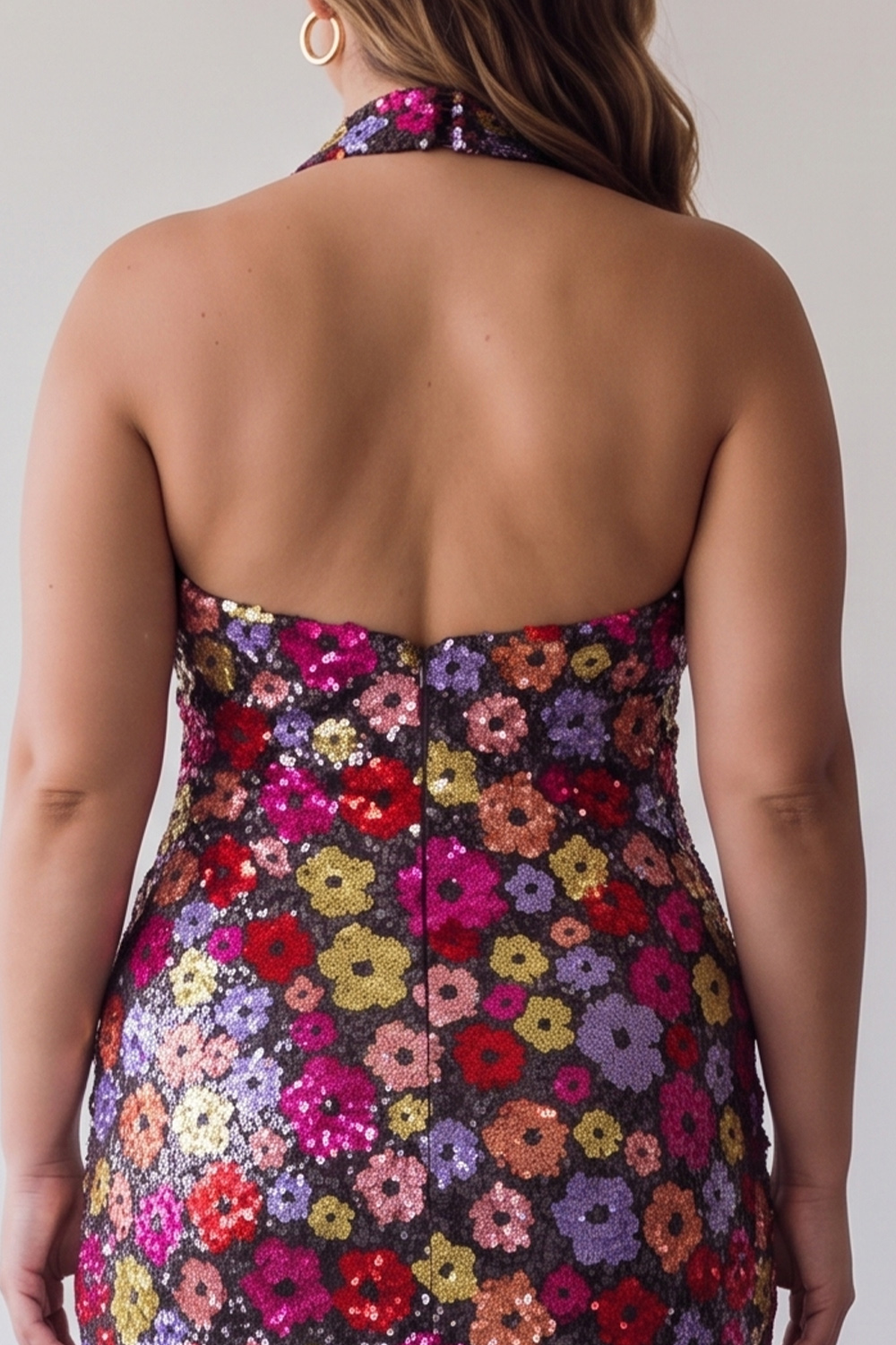 Floral Sparkly Black Tight Short Halter Sequin Backless Homecoming Dress