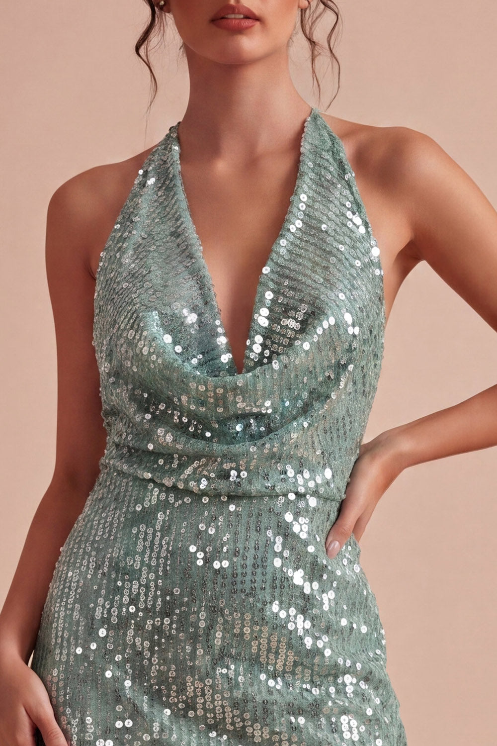 Sparkly Light Green Sequin Short Cowl Neck Tight Homecoming Dress