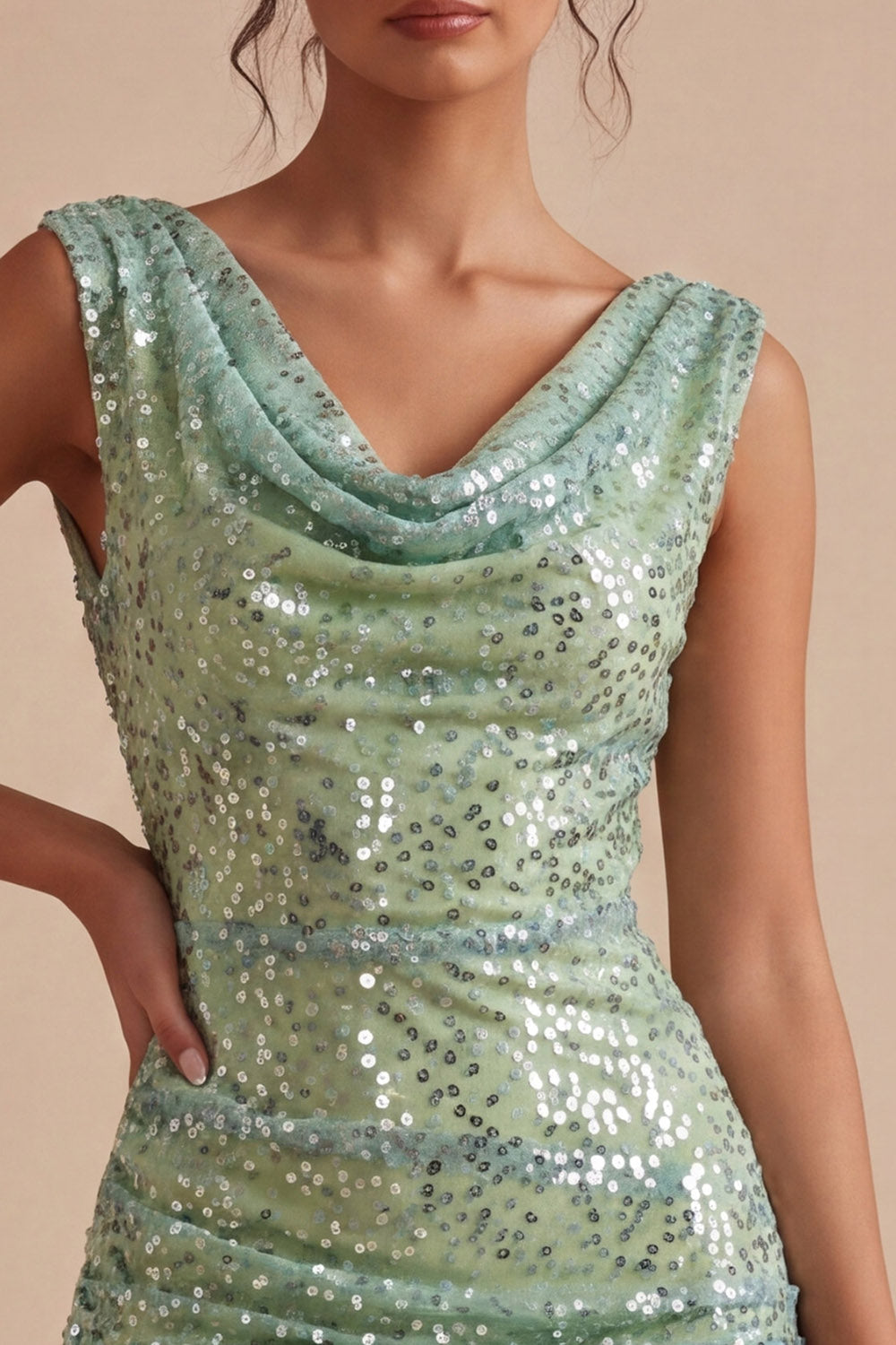 Sparkly Light Green Sequin Tight Short Cowl Neck Homecoming Dress with Sash
