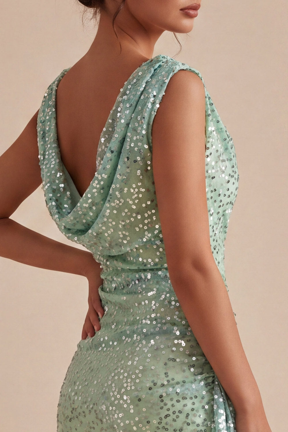 Sparkly Light Green Sequin Tight Short Cowl Neck Homecoming Dress with Sash