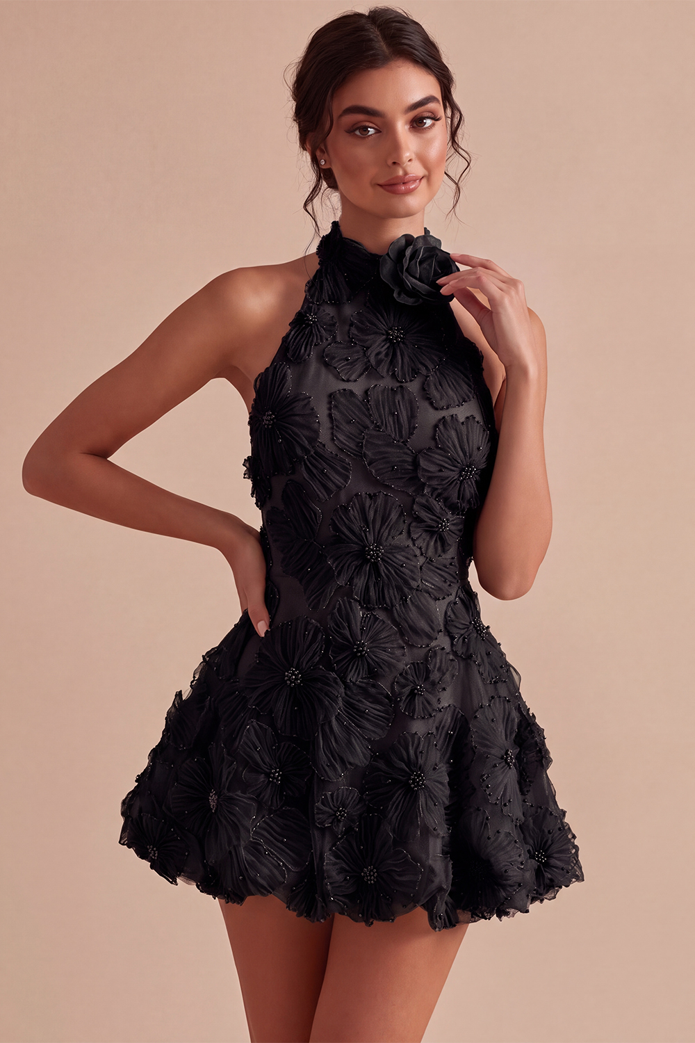 Floral Halter A Line Short Daffodil Backless Homecoming Dress with Beading