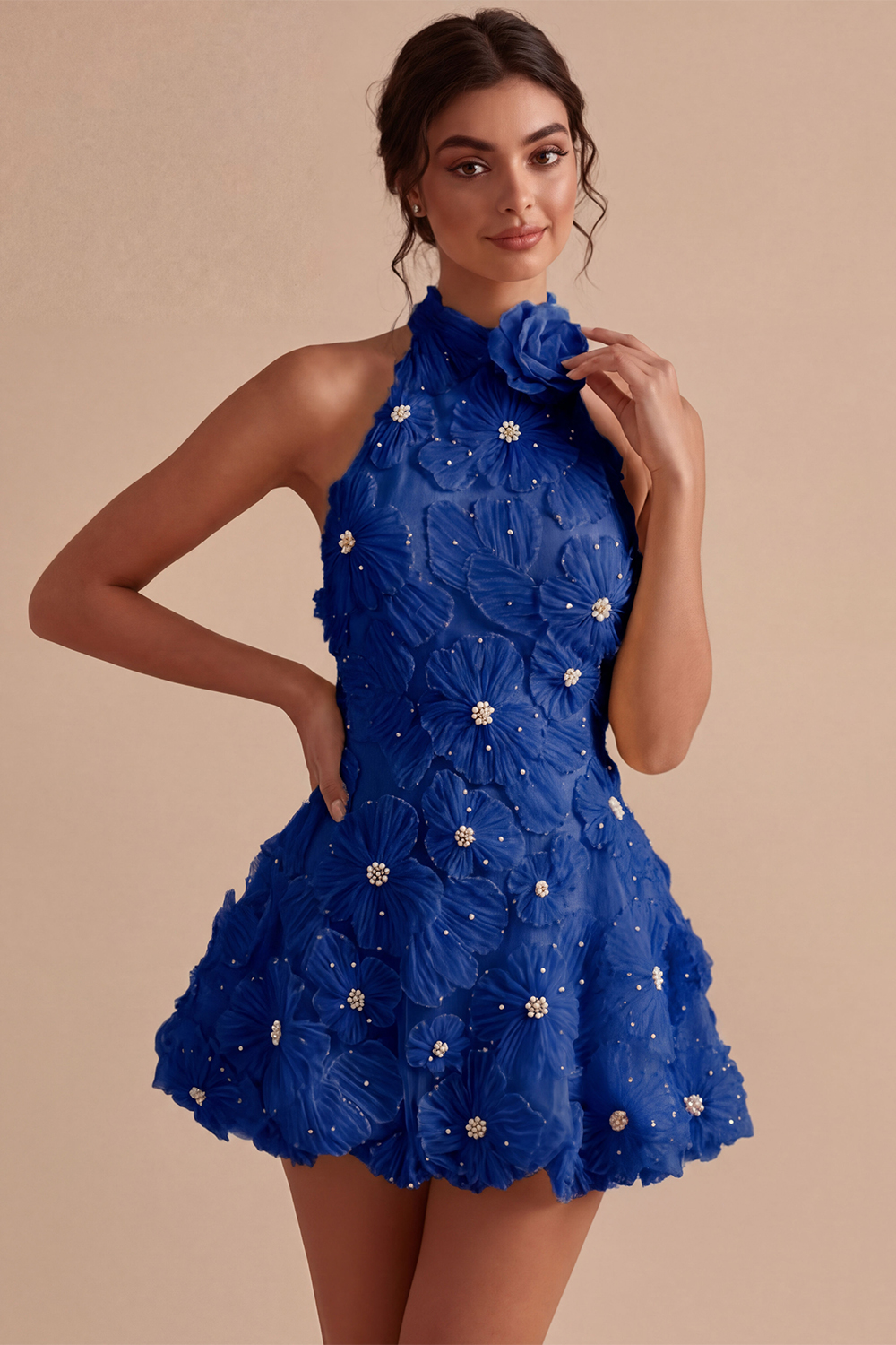 Floral Halter A Line Short Daffodil Backless Homecoming Dress with Beading