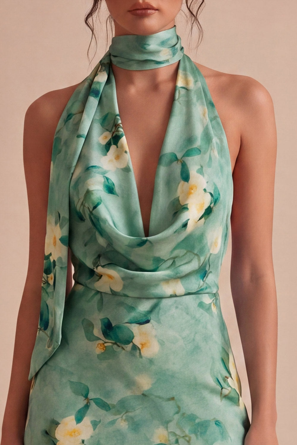 Light Green Short Floral Backless Halter Homecoming Dress