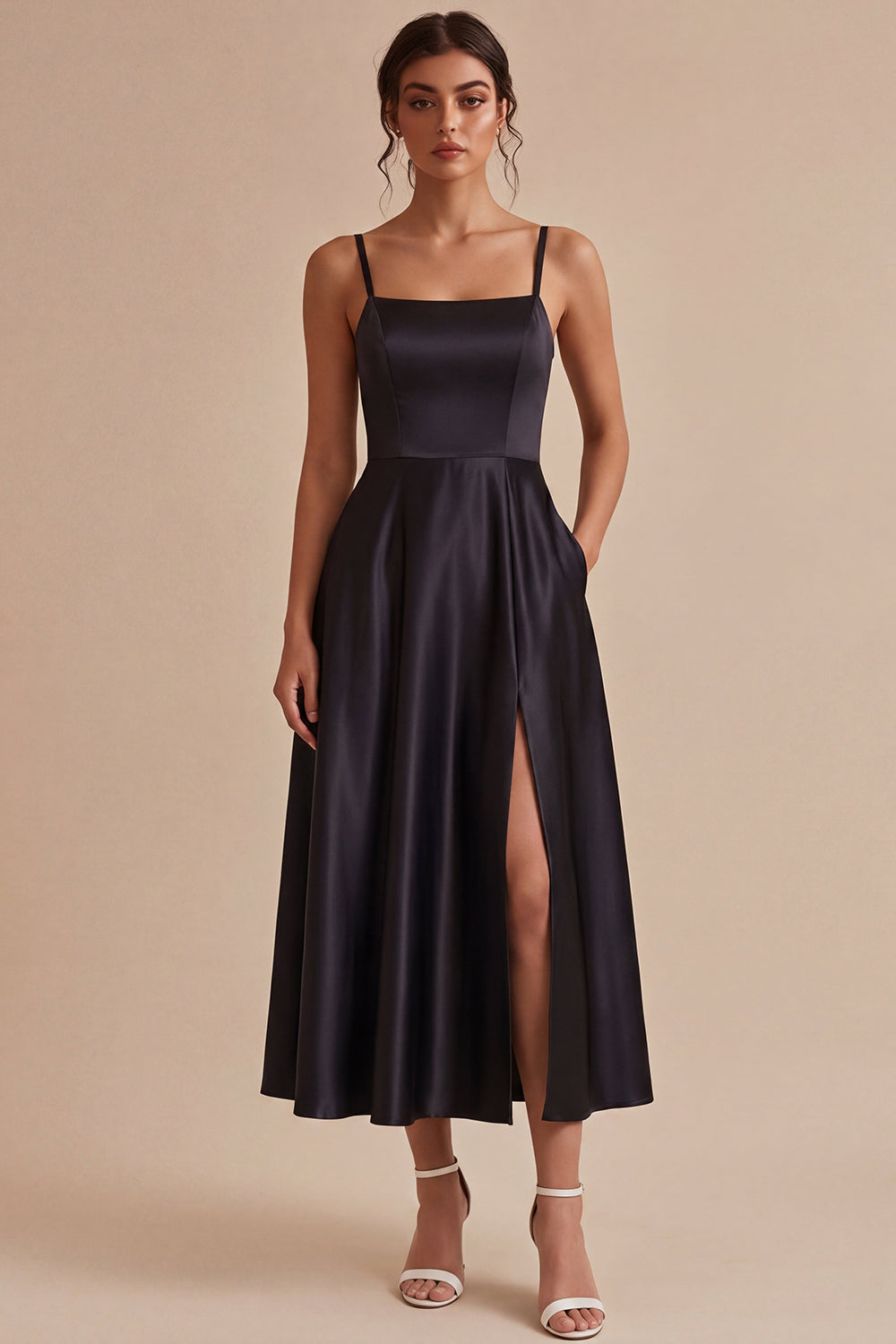 A Line Maxi Spaghetti Straps Black Tie Dress with Pockets