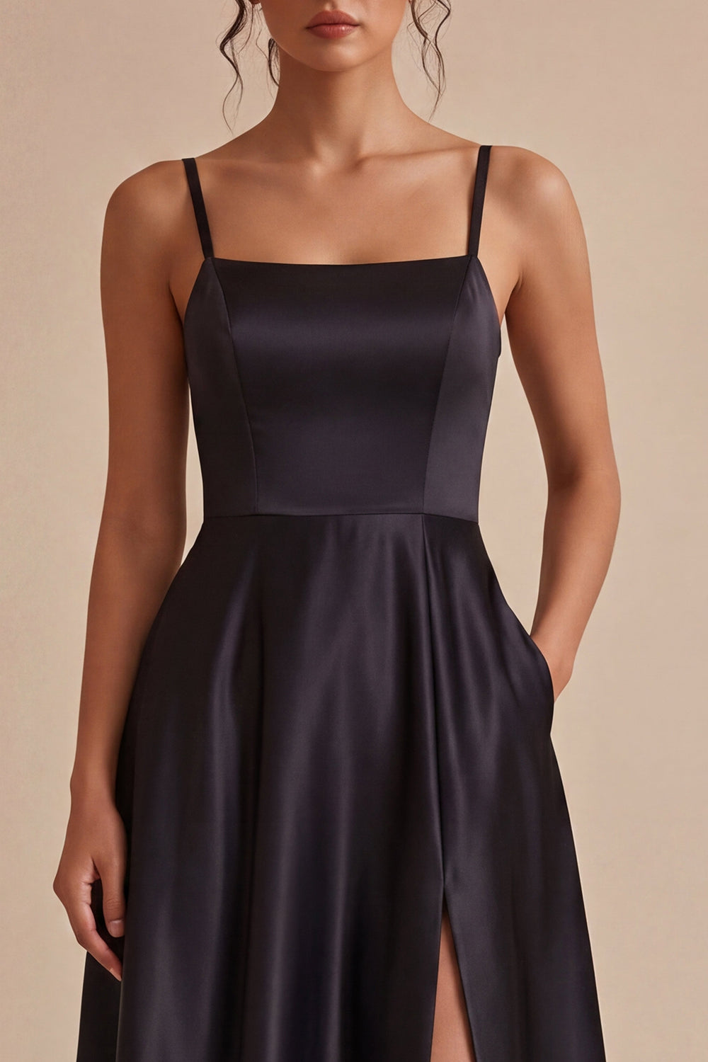 A Line Maxi Spaghetti Straps Black Tie Dress with Pockets