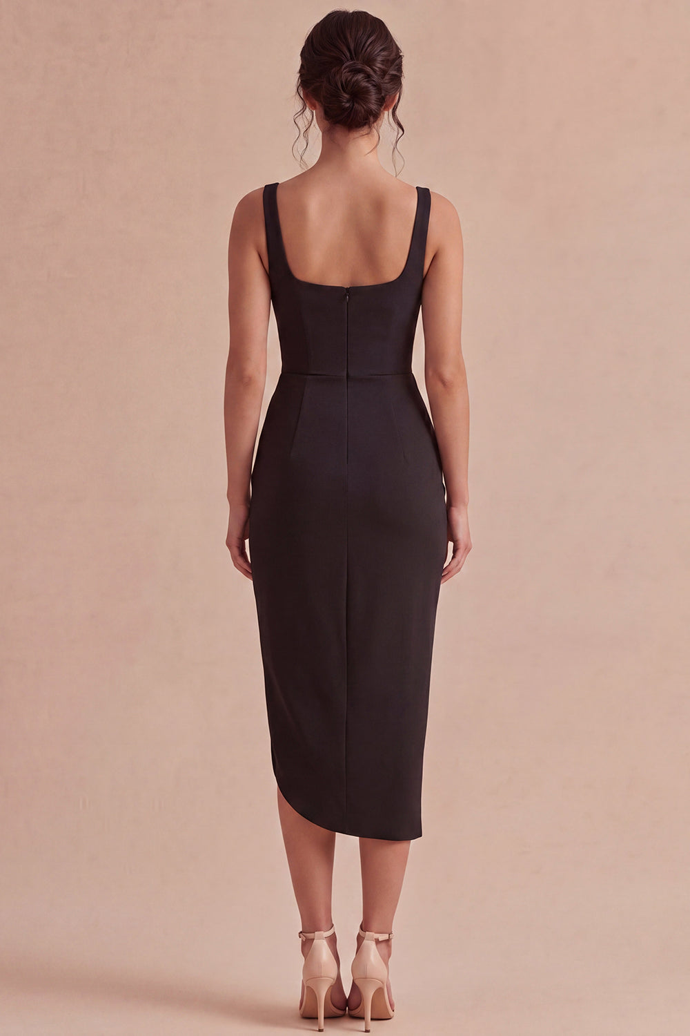 Ruched Bodycon Midi Thick Straps Black Cocktail Dress with Slit