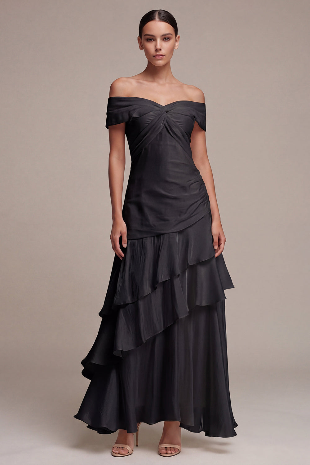 Off the Shoulder Long A Line Black Tie Dress with Ruffles