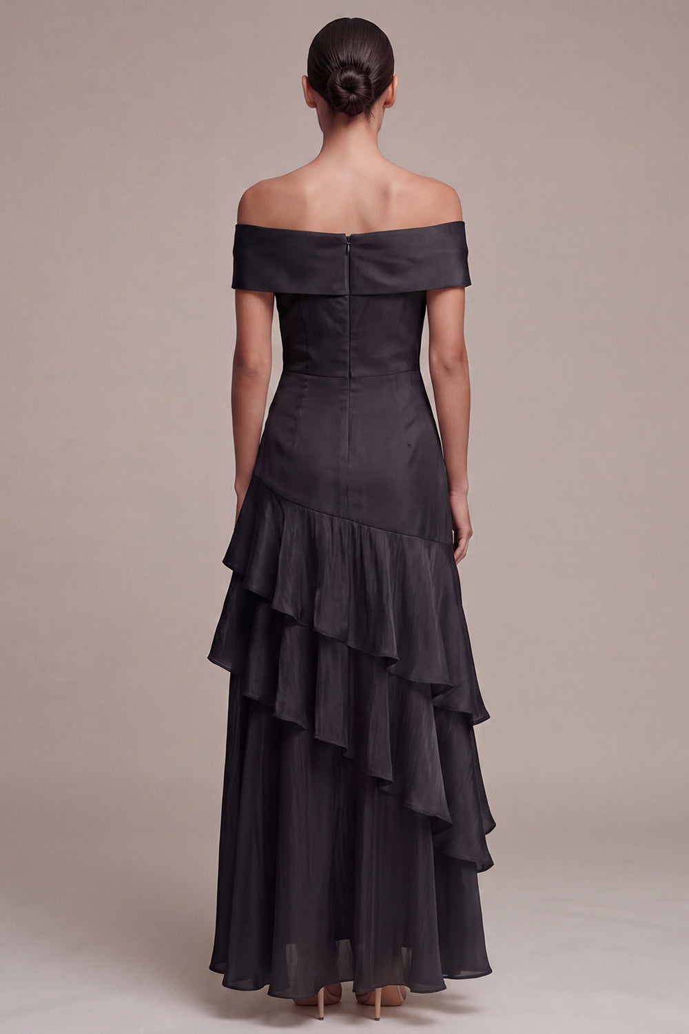 Off the Shoulder Long A Line Black Tie Dress with Ruffles