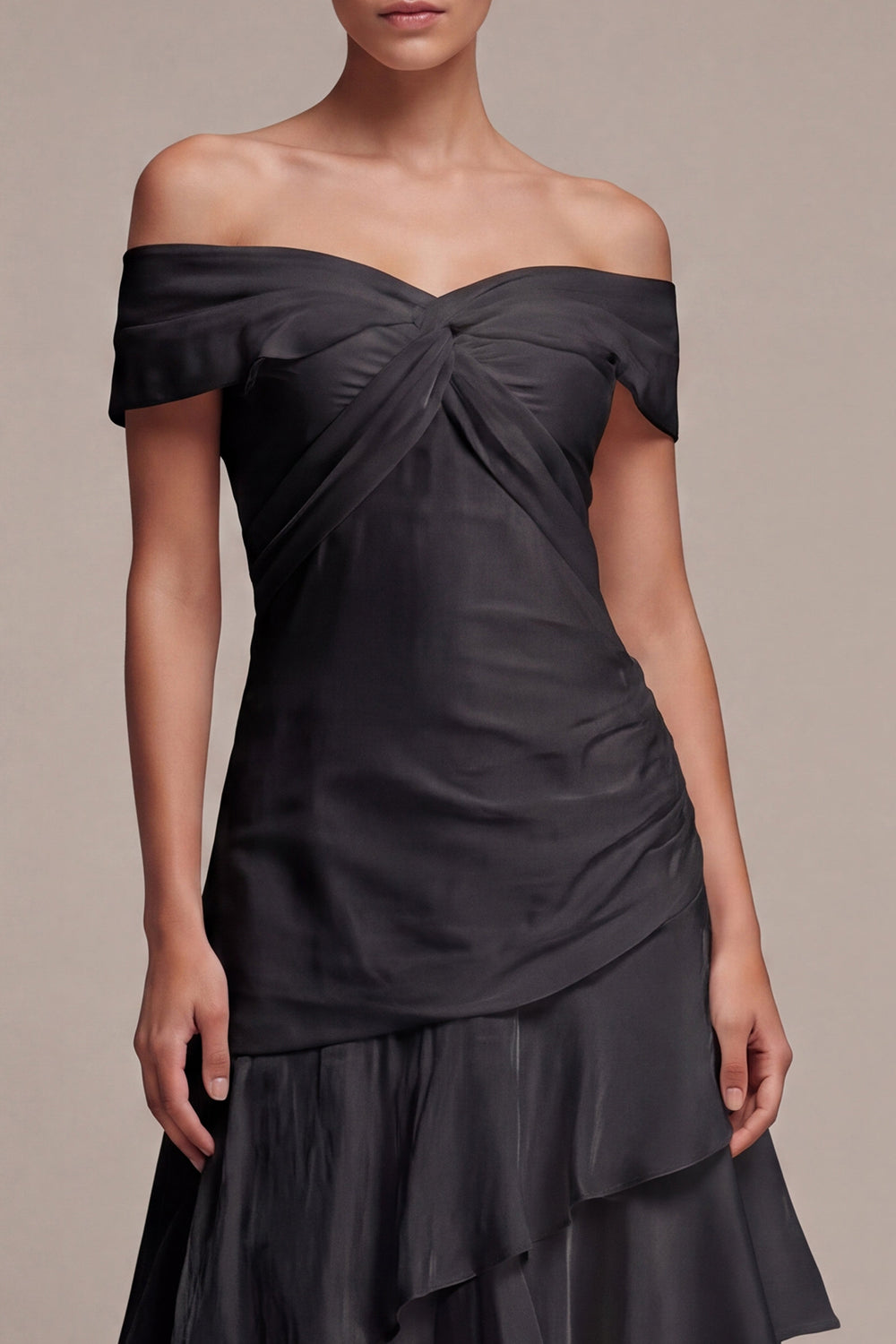 Off the Shoulder Long A Line Black Tie Dress with Ruffles