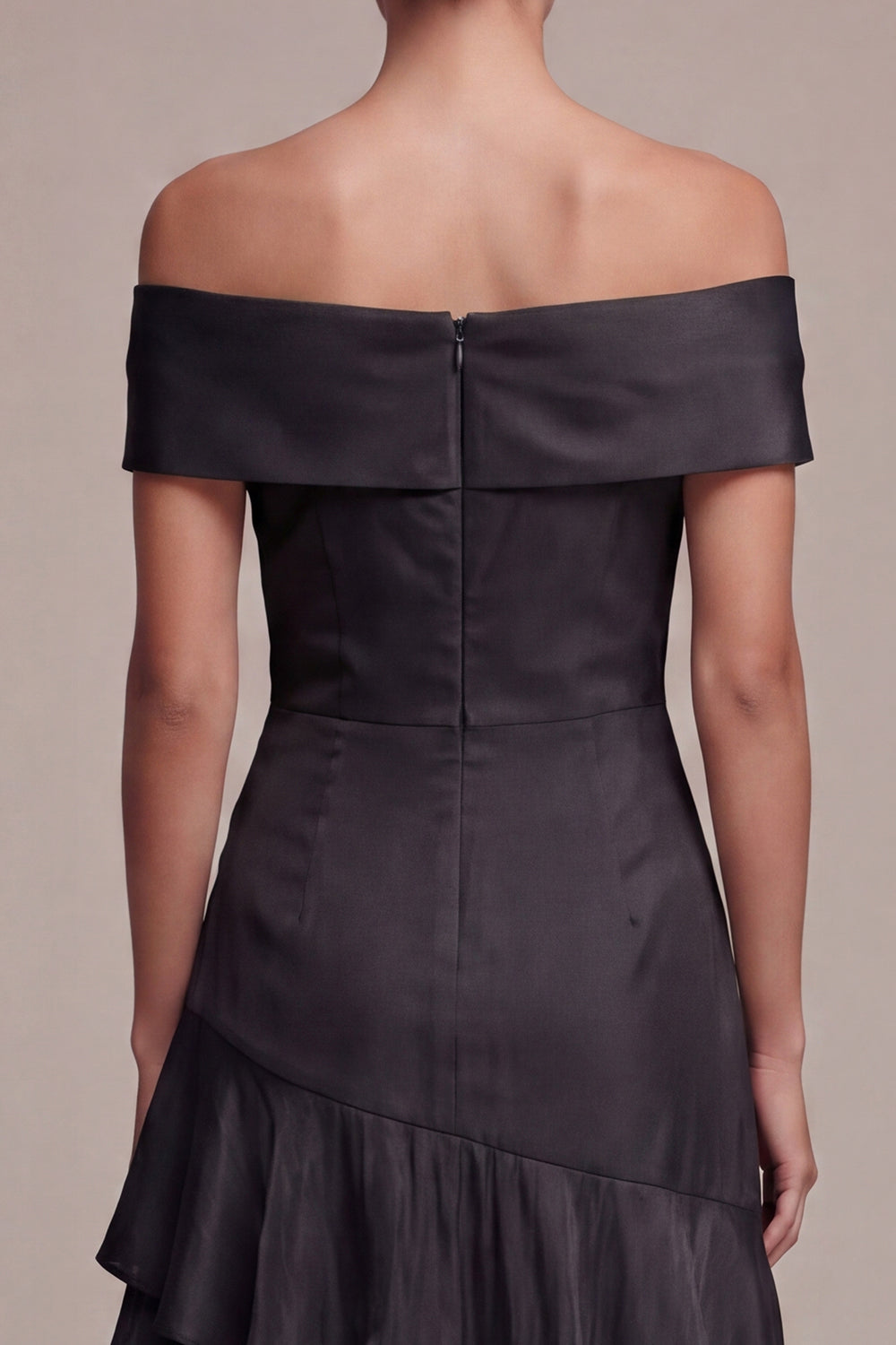 Off the Shoulder Long A Line Black Tie Dress with Ruffles