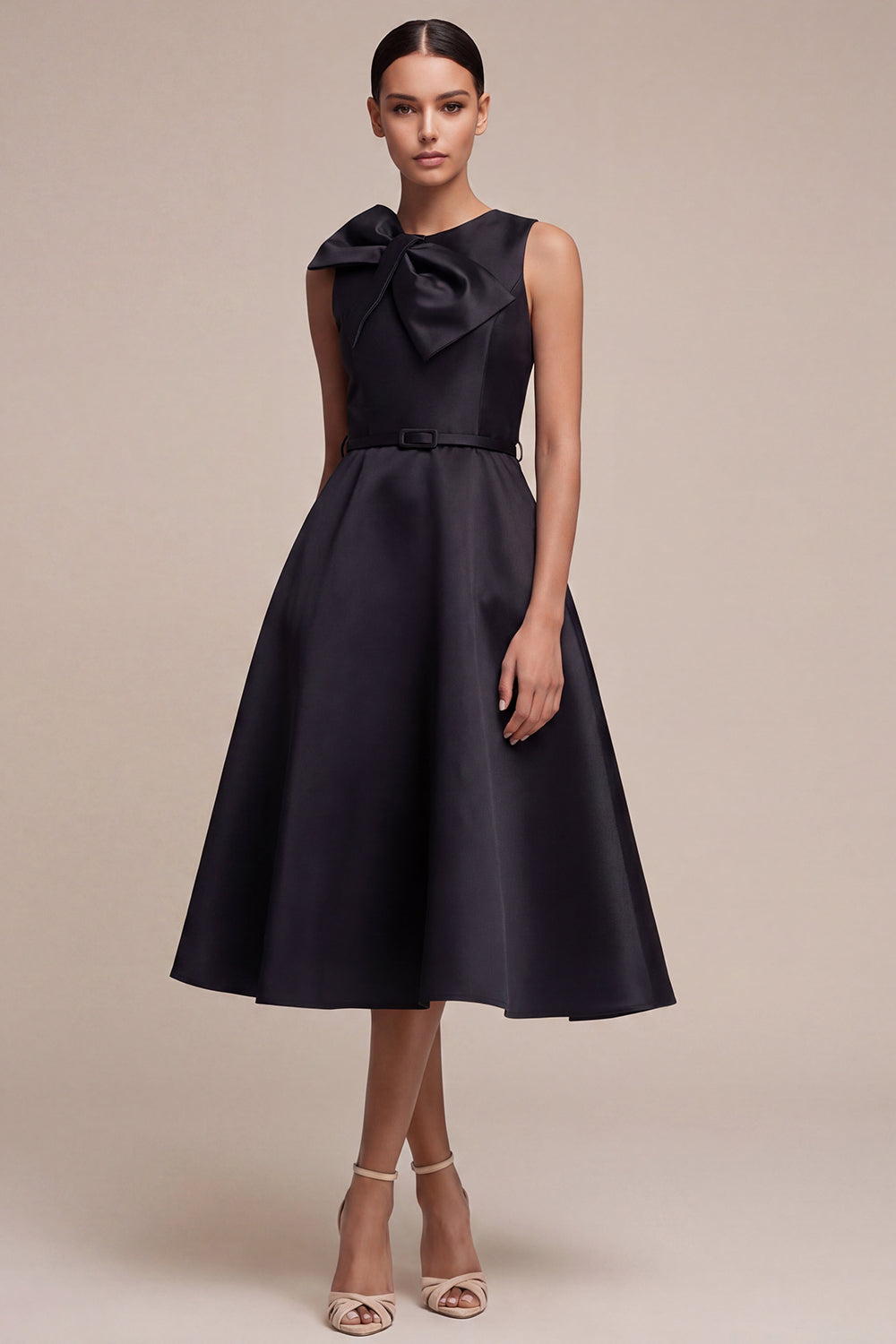 A Line Round Neck Midi Black Cocktail Dress with Bow