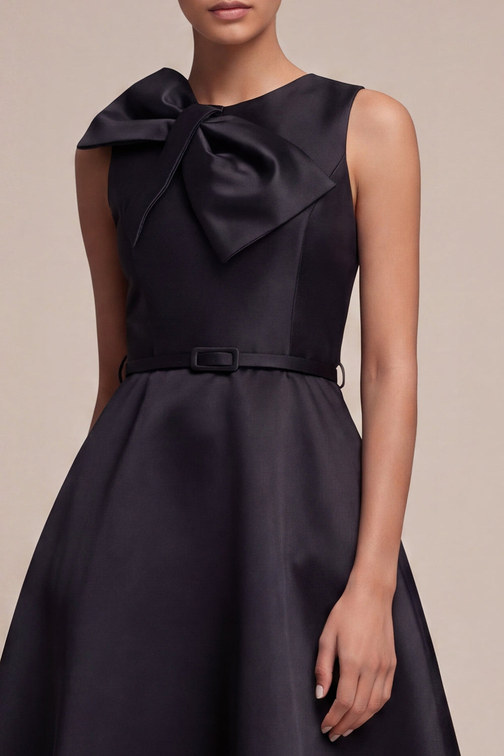 A Line Round Neck Midi Black Cocktail Dress with Bow