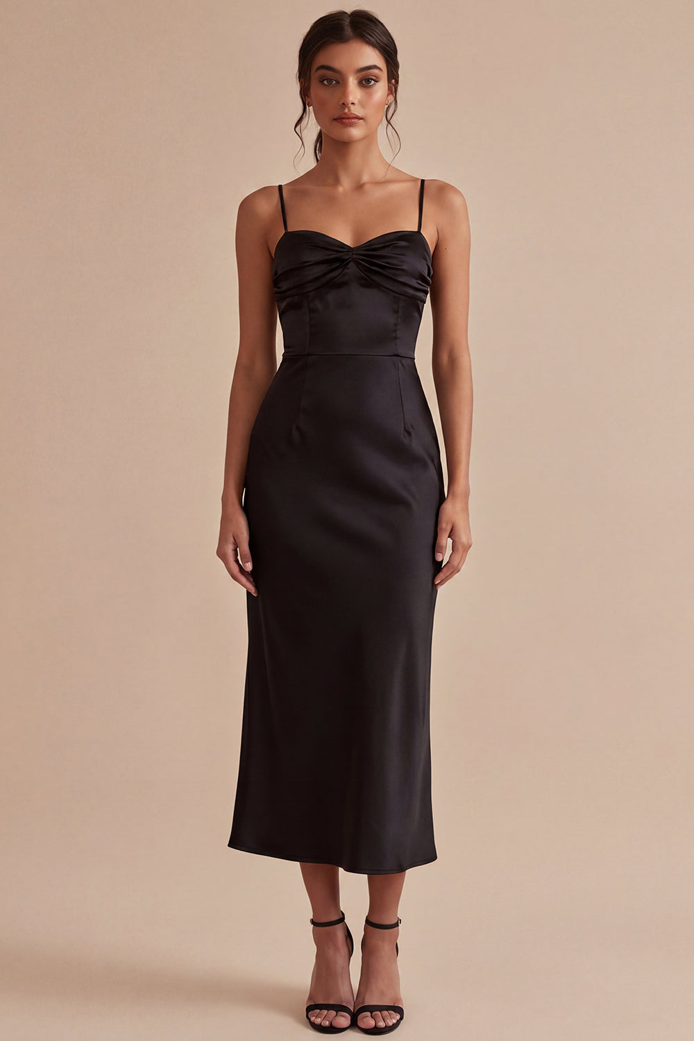 Spaghetti Straps Mermaid Ruched Long Black Tie Dress