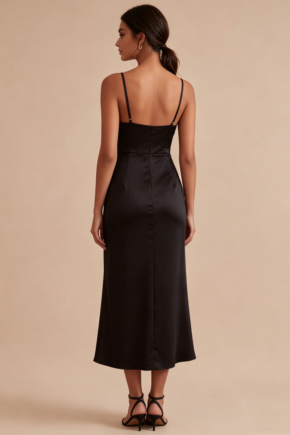 Spaghetti Straps Mermaid Ruched Long Black Tie Dress