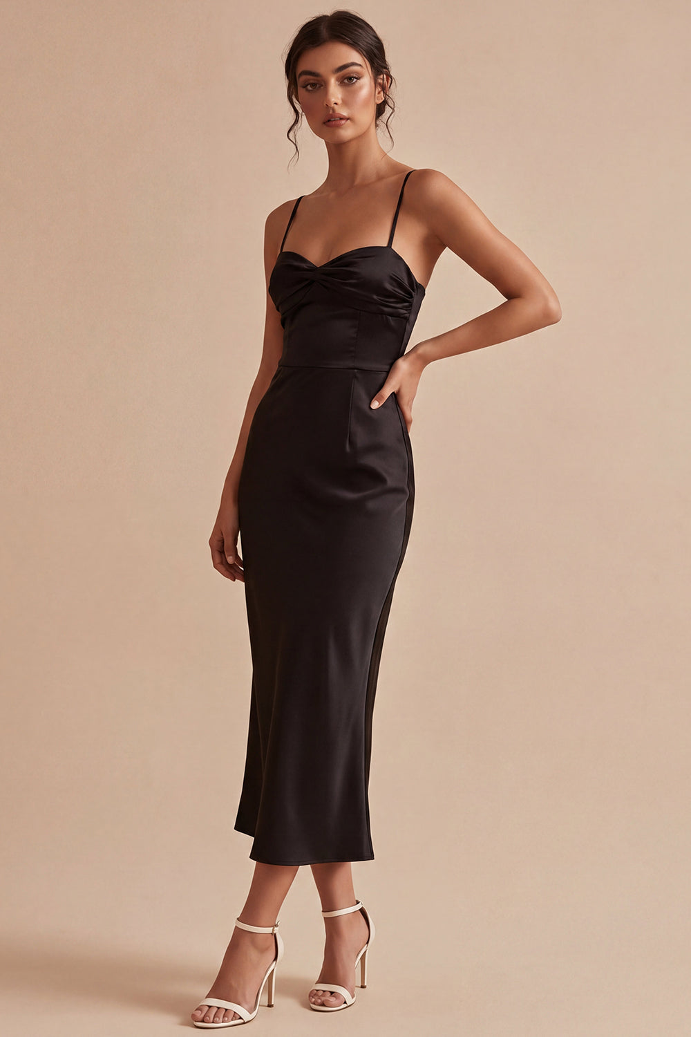 Spaghetti Straps Mermaid Ruched Long Black Tie Dress