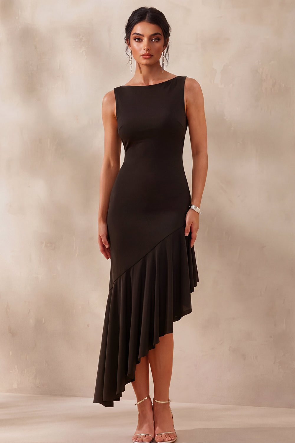 Asymmetrical Boat Neck Mermaid Black Tie Dress with Ruffles
