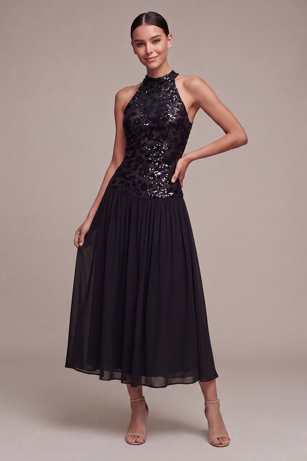 A Line High Neck Sparkly Long Black Tie Dress with Sequins