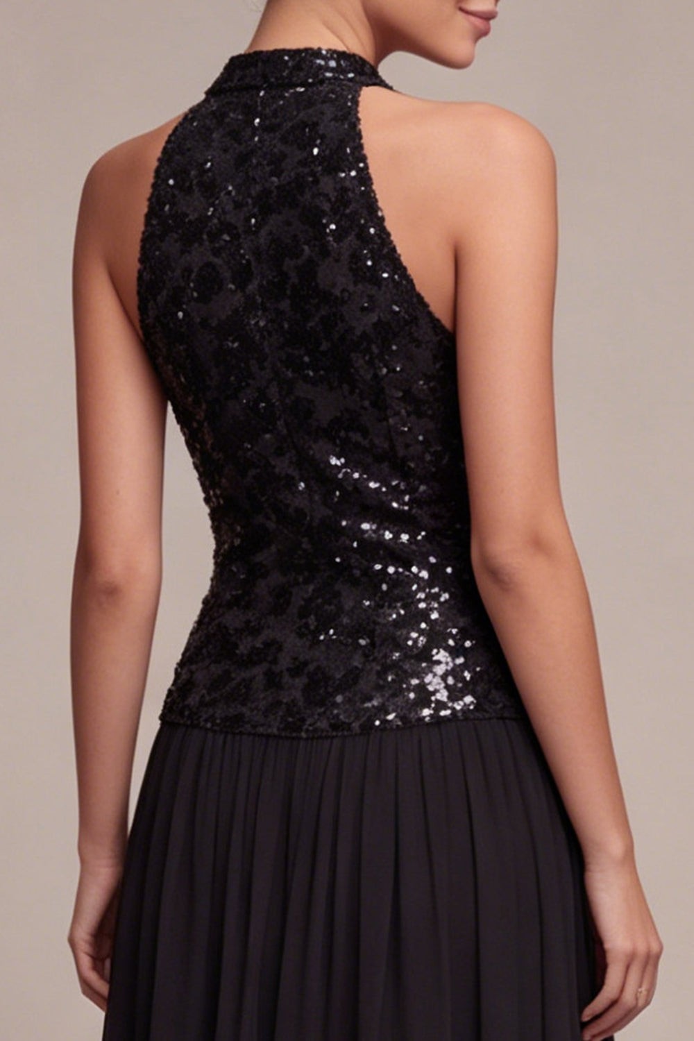 A Line High Neck Sparkly Long Black Tie Dress with Sequins