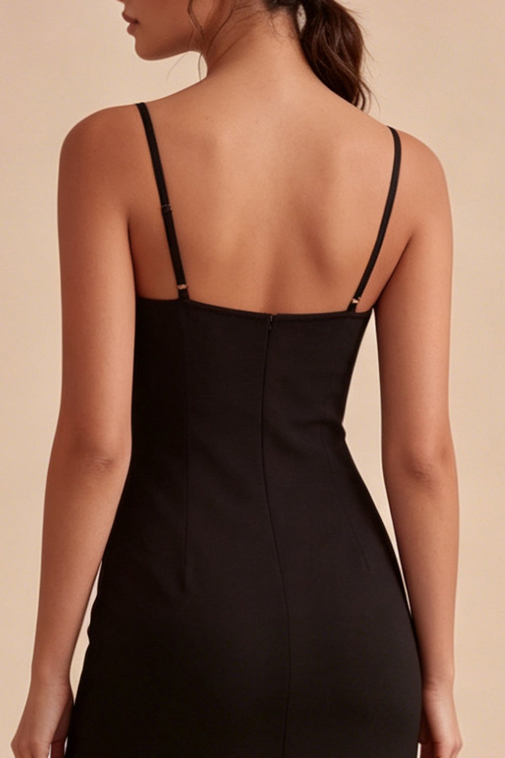 Spaghetti Straps Midi Black Bodycon Cocktail Dress with Slit