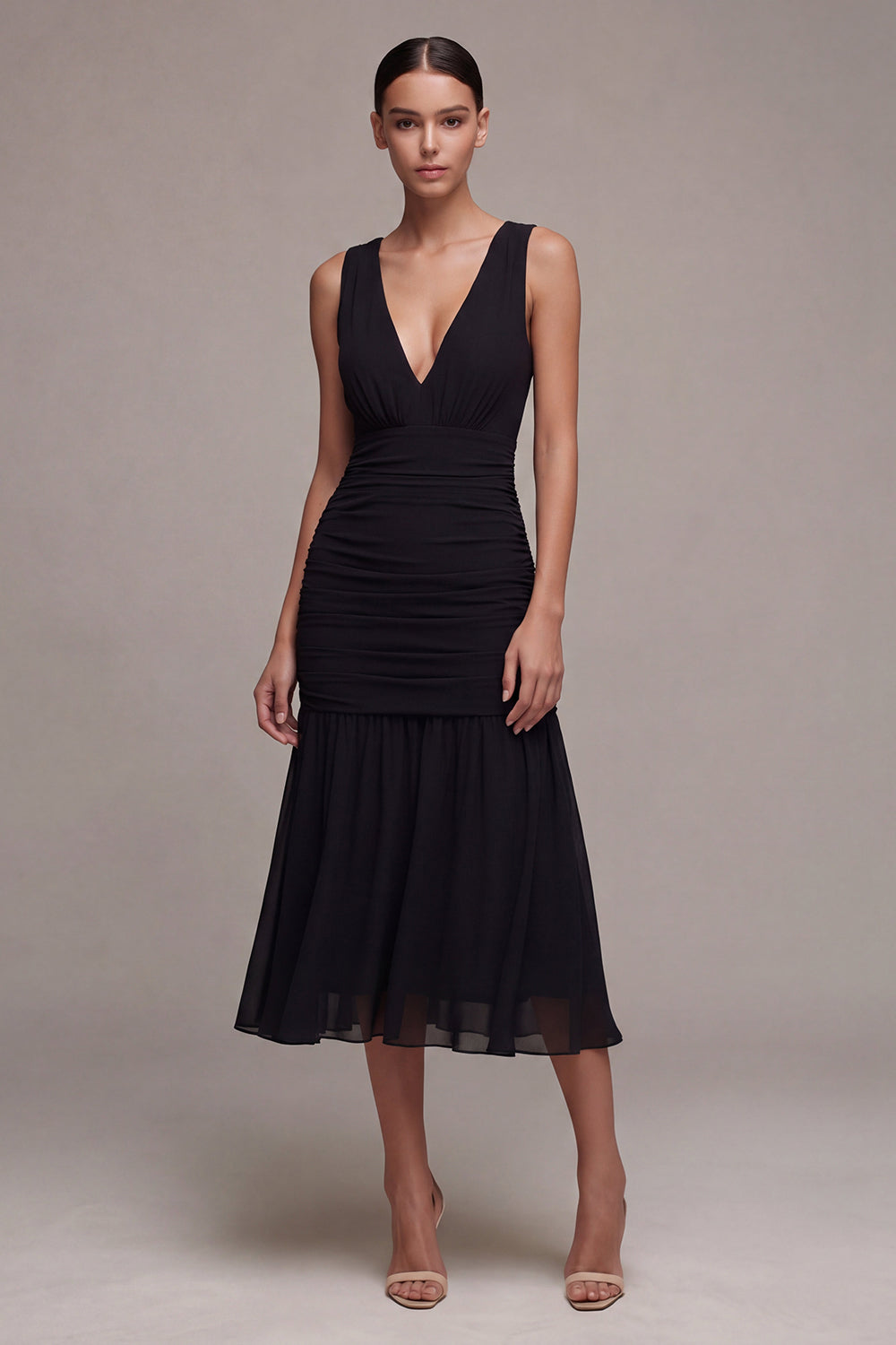 A Line V-Neck Ruched Backless Long Black Tie Dress